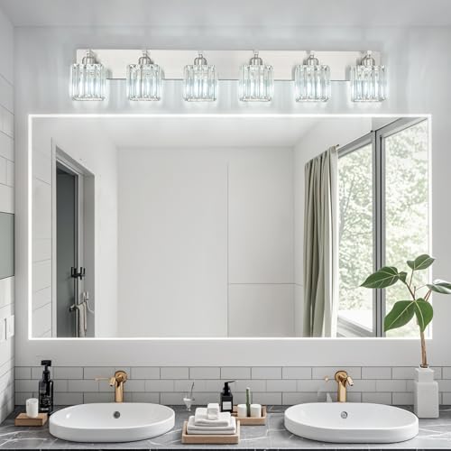 Modern Vanity Light 6-Lights Brushed Nickel Vanity Light Crystal Bathroom Wall Light Bathroom Light Fixtures - color: Nickel Straight, size: 6-light