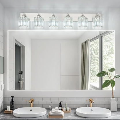 Modern Vanity Light 6-Lights Brushed Nickel Vanity Light Crystal Bathroom Wall Light Bathroom Light Fixtures - color: Nickel Straight, size: 6-light