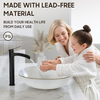 Phiestina Matte Black Tall Bathroom Vessel Sink Faucet, Waterfall Single Hole Single Handle Above Countertop Sink Bathroom Faucet, with Metal Pop Up Drain and Water Supply Lines, NS-SF01-MB-V - color: Matte Black, style: 1 pack