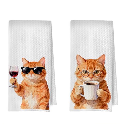 Orange Cat Kitchen Towels - Funny Orange Cat Decorative Waffle Dish Towels, Coffee Cats Decor Hand Towel, Home Bar Decor Tea Towel for Wine Lover Gift, 16x24 Inch Set of 2 - color: Orange Cat