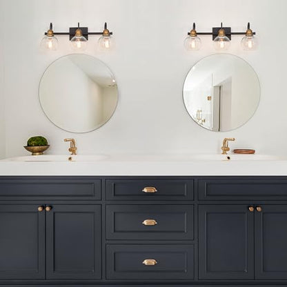 KSANA Farmhouse Bathroom Light Fixture, Modern Black Gold 3-Light Vanity Light with Opening Clear Glass Shade, Modern Antique Brass Wall Lamp Over Mirror - color: Black Gold, size: 3-Light Opening Bathroom Vanity Light