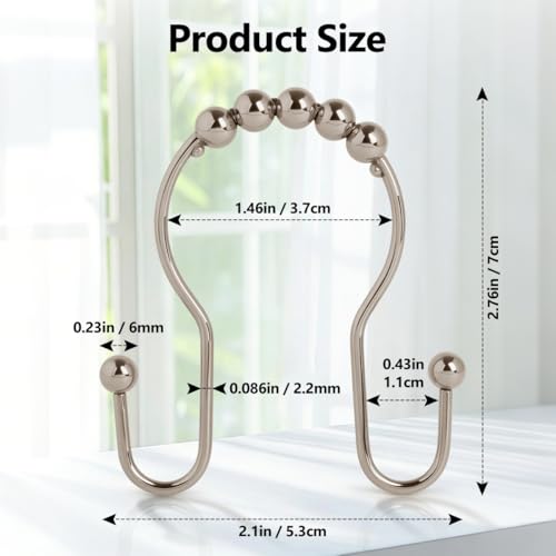 Resze Double Shower Curtain Hooks, Sturdy Metal Nickel Shower Curtain Rings, Glide Roller Shower Hooks,Rust Proof Anti-Drop Curtain Hooks, 12 Pcs Smooth Sliding Rings for Bathroom Shower Rods Curtains - color: Nickel