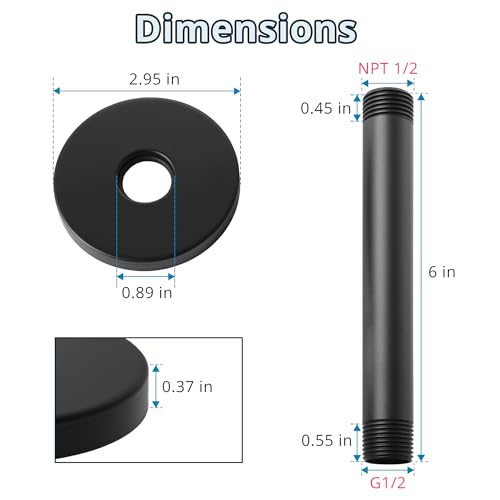 Straight Shower Arm with Flange, Ceiling Mount 6" Rainfall Shower Head Arm Extension Replacement, High Pressure & Hard Water Compatible, Matte Black - color: Round Matte Black 6 Inch