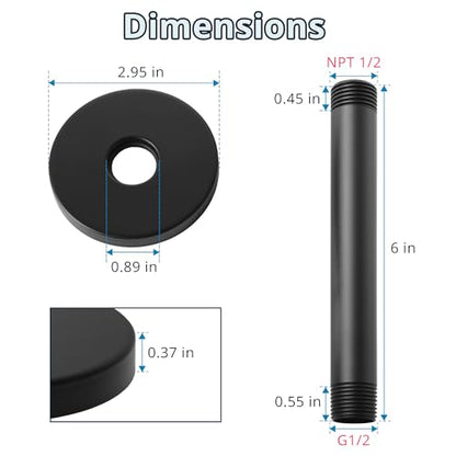 Straight Shower Arm with Flange, Ceiling Mount 6" Rainfall Shower Head Arm Extension Replacement, High Pressure & Hard Water Compatible, Matte Black - color: Round Matte Black 6 Inch