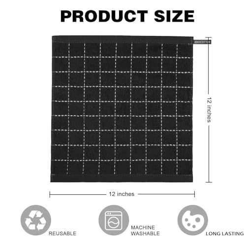 QUILTINA Kitchen Towels 6 Pack, 12 x 12 Inches, 100% Cotton Checkered Designed Terry Dish Cloths, Ultra Soft and Absorbent, Black - color: Black, size: 12 x 12 - 6 Pack-Checkered