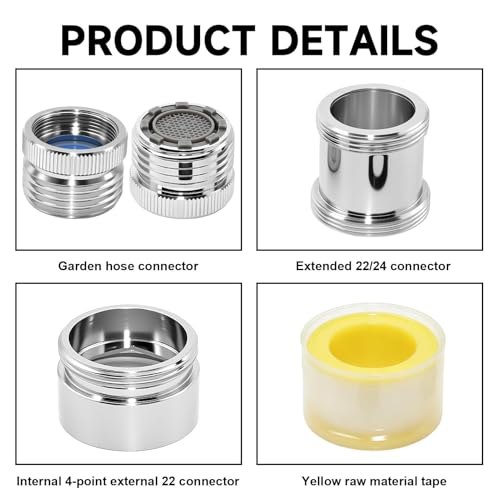 3-Piece Faucet to Garden Hose Adapter Kit, Solid Brass Sink Faucet Connector with Aerator for Kitchen & Bathroom, Fits G1/2", 55/64", 15/16" Faucets to 3/4" GHT Hose, Includes Washers & Tape