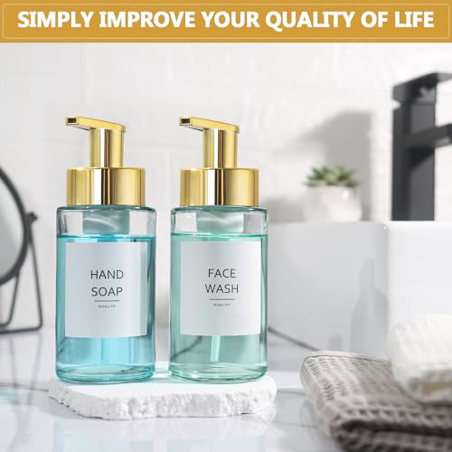 RYTOXILO Foaming Soap Dispenser, 10 oz/300ml Gold Soap Dispenser, 2 Pack Glass Foaming Hand Dispenser for Bathroom & Kitchen, Refillable Foam Bottle with Waterproof Labels - color: Clear Bottle, size: 10 Fl oz with Gold Pump
