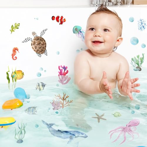 PRATIQUE Non Slip Bathtub Stickers, 6 Pages Sea Organism Adhesive Kids Anti Slip Decal Threads for Shower Floor and Bath Tub Decals(Ocean) - color: Ocean