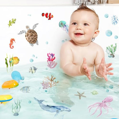 PRATIQUE Non Slip Bathtub Stickers, 6 Pages Sea Organism Adhesive Kids Anti Slip Decal Threads for Shower Floor and Bath Tub Decals(Ocean) - color: Ocean