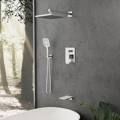 Gabrylly Shower System with Tub Spout, Wall Mounted Tub Shower Faucet Set for Bathroom with High Pressure 10" Rain Shower head and 3-Setting Handheld Shower Head Set,Chrome - color: chrome 01