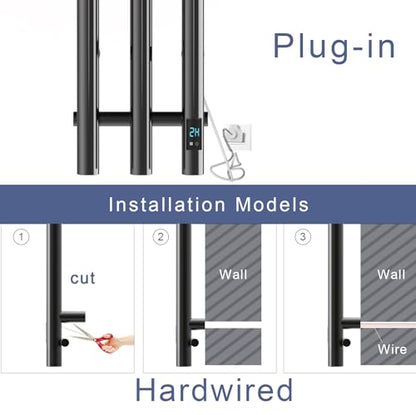 Electric Heated Towel Rack with Timer, Wall-Mounted Towel Warmer, 3 Vertical Bars, Plug-in or Hardwired, 37.4 Inch Height, Round Design (Black) - color: Black