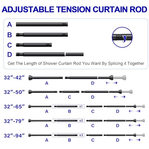 TEECK Shower Curtain Rod, 32-79 inch Adjustable Tension Spring, Shower Curtain Rod Tension, Anti-Slip, No Drilling, No Rust, for Bathroom, Matte Black - color: Matte Black, size: 32-79 Inches