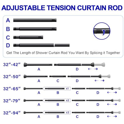 TEECK Shower Curtain Rod, 32-79 inch Adjustable Tension Spring, Shower Curtain Rod Tension, Anti-Slip, No Drilling, No Rust, for Bathroom, Matte Black - color: Matte Black, size: 32-79 Inches