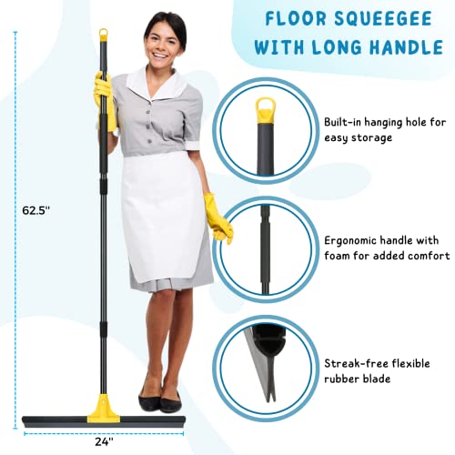 Floor Squeegee for Concrete and Tile Cleaning, 24'' Rubber Wiper Broom, Large Heavy Duty Water Scraper with 60'' Long Handle for Garage, Deck, Bathroom, Shower Glass, Window - size: 24in