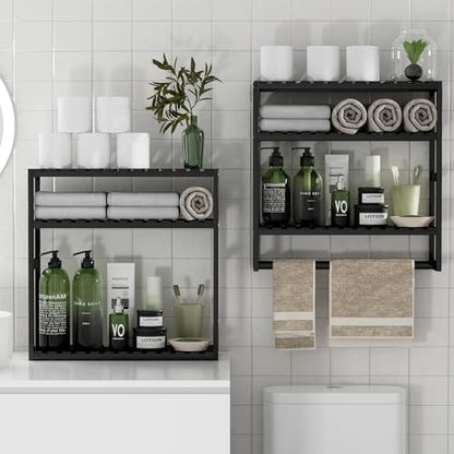 PPN Towel Rack Bathroom Storage Shelves Over The Toilet with Towel Bar 100% Bamboo Adjustable Height Floating Shelf Wall Shower Shelf for Small Space Bathroom Kitchen Multi Usage (Black-1Pack) - color: Black 1pack