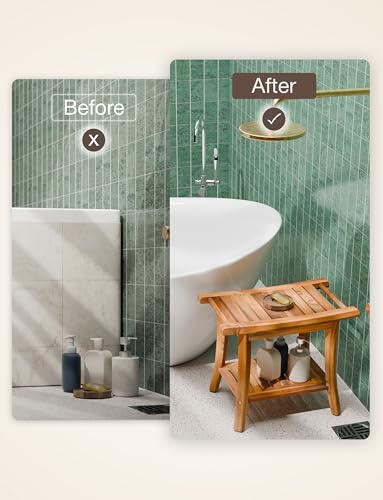 TINAMO 22" Teak L Shower Bench Seat for Inside Shower, 400Lbs Capacity | Solid Teak Wood, Sturdy 400 LBS Capacity, Slatted Design, Built-In Shelf & Handles, Non-Slip, Water-Resistant, Versatile Use
