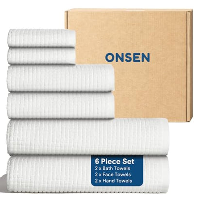 ONSEN Sculpted Terry Towel Set, 100% American Cotton, Quick Dry Lint Free, Lightweight Absorbent Face Hand Bath Towels with Hanging Loop (White, 2X Bath Towel, 2X Hand Towel, 2X Face Towel) - color: White, size: 2x Bath Towel, 2x Hand Towel, 2x Face Towel