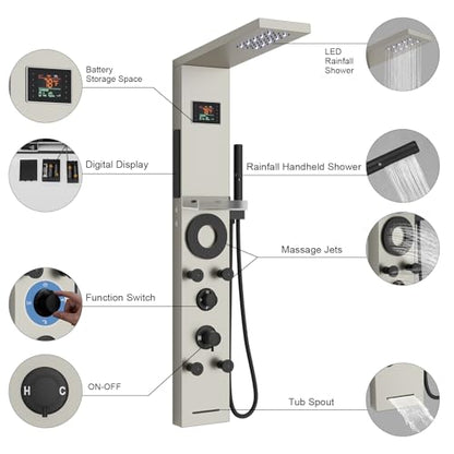 Hoimpro Brushed Nickel LED Shower Panel Tower System,2 In 1Function Shower Panel Light Rainfall Waterfall Shower Rain Massage System with Body Jets Handheld Shower Sprayer, Stainless Steel, Wall Mount - color: Nickel