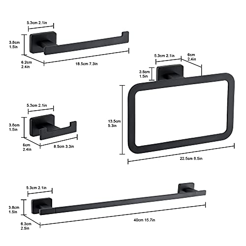 4 Piece Bathroom Hardware Accessories Set,Matt Black Stainless Steel Towel Bar Sets Wall Mounted - Includes 16" Towel Bar, Square Towel Ring, Toilet Paper Holder, Robe Towel Hook - color: Black, size: 16 inches