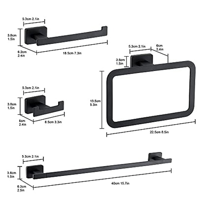4 Piece Bathroom Hardware Accessories Set,Matt Black Stainless Steel Towel Bar Sets Wall Mounted - Includes 16" Towel Bar, Square Towel Ring, Toilet Paper Holder, Robe Towel Hook - color: Black, size: 16 inches