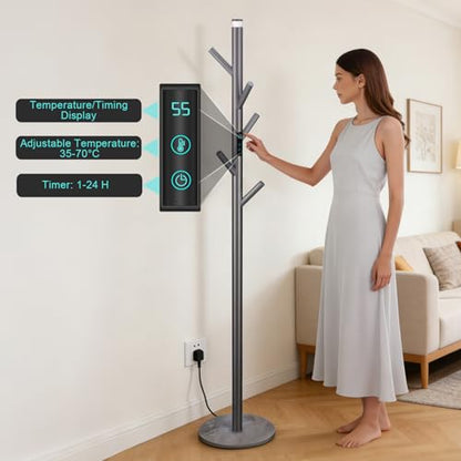 Heated Towel Rack, Freestanding Towel Warmer with 5 Hooks, Touch Control 35-70°C Heated Coat Rack Stainless Steel Towel Radiator for Bathroom, Apparment, Office, Gray, Plug in