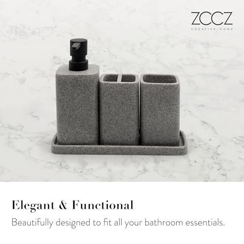 Bathroom Accessory Sets, 4 Pieces Bathroom Accessories Complete Set Vanity Countertop Accessory Set, Includes Lotion Dispenser Soap Pump, Tumbler, Toothbrush Holder and Tray (Grey) - color: Gray