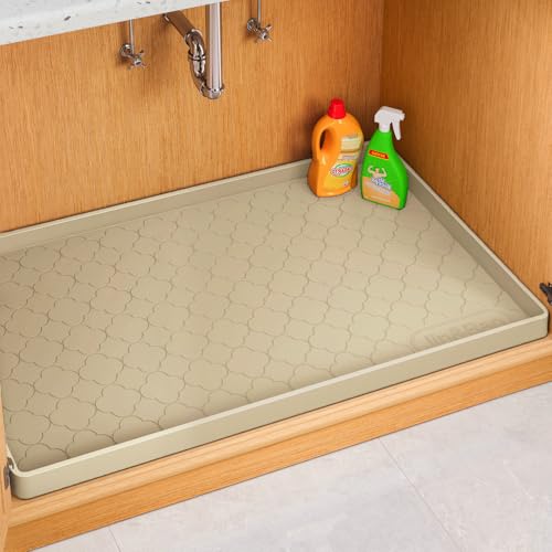 Jin&Bao Under Sink Mat 28" x 19" Waterproof Silicone Cabinet Kitchen Liner | Silicone under kitchen sink mat,cabinet protector,bathroom shelf liner,raised edge,anti-slip,easy to clean & dishwasher safe - color: Beige, size: 19"w x 28"l