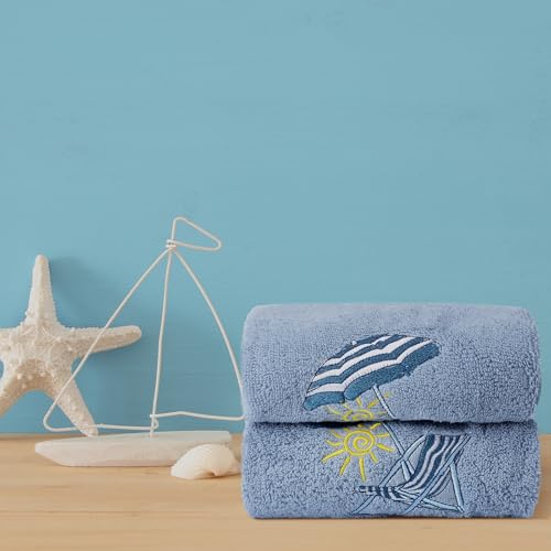 SmoothNovelty 2 Pcs Hand Towels Bathroom Decor 14x29 Inch Embroidered 100% Cotton Soft Absorbent Spring Summer Decorative Hand Towels for Bathroom Kitchen(Beach Chair,Slate Blue) - style: Classic Beach Chair