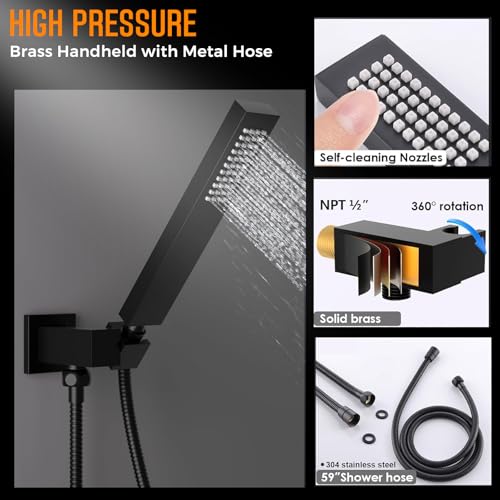 Full Body Dual Heads Rain Shower System with Jets Can Run Together | Matte Black 4-way Thermostatic Digital Shower Faucets Set, 12" + 6" Tilted Shower + 6 Body Sprays + Handheld - color: Matte Black, style: 12” + 6" + 6 Jets