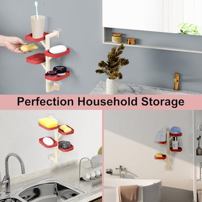 Soap Holder Four Layer Wall Mounted NO-Drilling Rotatable Self-draining Removable Soap Dish for Shower Bathroom Tray,Self Draining Sponge Holder,Razor Holder (Red/Ecru) - color: Red/Ecru