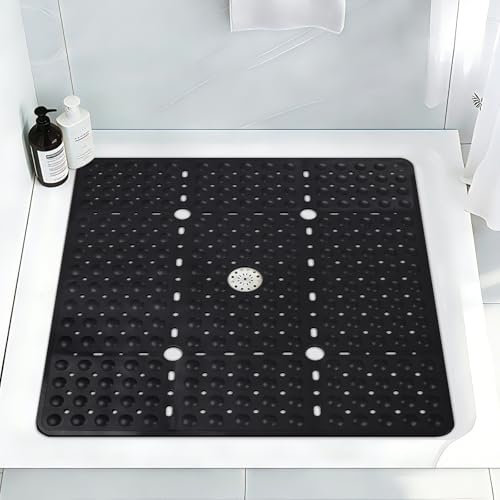 Square Shower Mat Non Slip, 27 x 27 Inch Quick Drain TPE Anti Slip Shower Mats for Inside Shower, Soft Shower Floor Mat with Suction Cups, Quick Drying, Machine Washable - color: Black