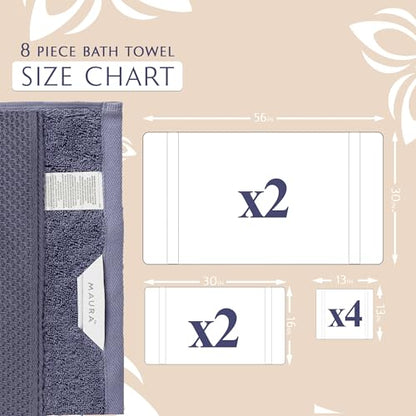 MAURA Indigo Blue Bath Towel Set of 8 for Bathroom. Turkish Cotton Luxury Bath Towels. Extra Large, Thick, Plush & Soft. Hotel & Spa Quality - Denim Blue - color: Denim Blue, size: 8-Piece Set (2 Bath, 2 Hand, 4 Washcloth)