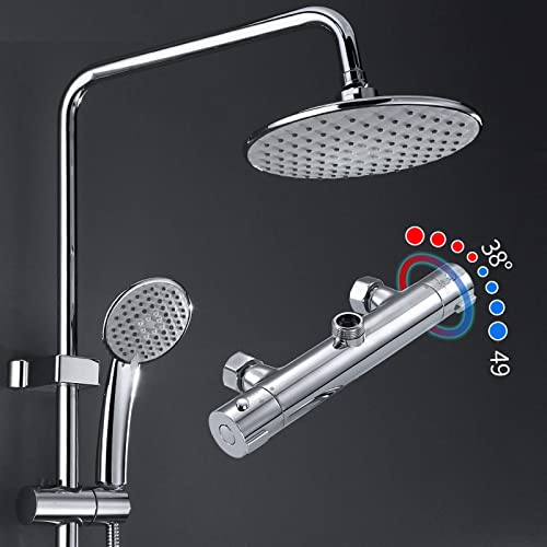 Thermostatic Shower System Chrome, Wall Mounted Shower Set Brass with Overhead Shower Head Tap, Adjustable Height Shower Mixer Set Modern for Bathroom Hotel