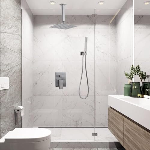 Brushed Nickel Shower System Bathroom 16 Inch Rain Shower Head Ceiling Mount with Handheld Luxury High Pressure Shower Combo Set Shower Faucet Rough-in Valve Body and Trim Kit - color: Brushed Nickel, size: 16 Inch