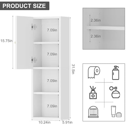 Qupui Fluted Bathroom Wall Cabinet, 31.5" 4-Tier Medicine Cabinet, White | Fluted Door Panels. Adjustable Shelf. Dual-zone Storage With Doors And Open Shelf. Wall-mounted. Engineered Wood