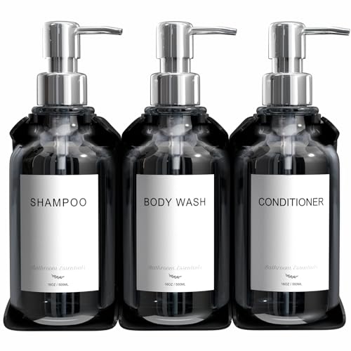 Stylish Shampoo and Conditioner Dispenser Wall Mount Set of 3 - No Drill 16oz Shower Soap Dispenser Wall Mounted 3 Chamber with 6 Labels, Easy to Refill Shampoo Dispenser for Shower Wall - Clear - color: Clear