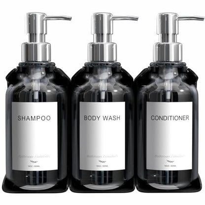 Stylish Shampoo and Conditioner Dispenser Wall Mount Set of 3 - No Drill 16oz Shower Soap Dispenser Wall Mounted 3 Chamber with 6 Labels, Easy to Refill Shampoo Dispenser for Shower Wall - Clear - color: Clear