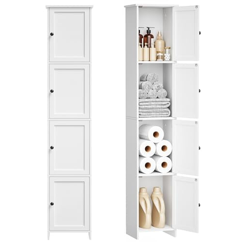 Slim Bathroom Storage Cabinet, Tall Narrow Bathroom Cabinet | Skinny Freestanding Floor Cabinet for Small Spaces, Bathroom, Living Room, 9.8"D x 11.8"W x 60.6"H, White