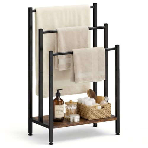 3 Tier Blanket Rack Stand, Freestanding Towel Rack with Wooden Shelf, 17.1" L x 11" W x 32" H, Quilt Display Stand for Bathroom, Bedroom, Living Room, Rustic Brown - color: Brown