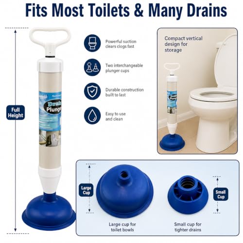 Dependable Industries inc. Essentials High Pressure Pump Plunger & Drain Clog Remover for Toilet Sink Tub Shower, 2 Heads