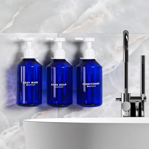 3-Chamber Shampoo & Conditioner Dispenser - Wall-Mounted Soap Dispenser Plastic Bottles with 4CC Pumps, No Drill Installation, Refillable for Bathroom, RV, Commercial Use Blue - color: Blue