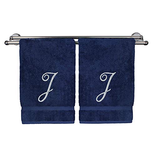 Monogrammed Hand Towel, Personalized Gift, 16 x 30 Inches - Set of 2 - Silver Embroidered Towel - Extra Absorbent 100% Turkish Cotton- Soft Terry Finish Bathroom, Kitchen Spa- Script J Navy - color: Silver on Navy, style: Initial J