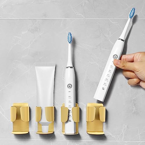 Electric Toothbrush Holder Wall Mount, 304 Stainless Steel Self-Adhesive Bathroom Organizer for Electric Toothbrush, Toothpaste & Face Wash-Space Saving, Waterproof, Holds Up to 10lbs (Golden 2 Pack) - color: Golden 2 Pack