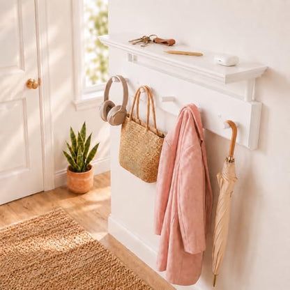 Matías Coat Rack Wall Mount with Shelf, 18 Inch Solid Wood Peg Rail, Wall Mounted Coat Rack with 5 Hooks, Wall Mount Shelf for Entryway, Bathroom or Bedroom (White) - color: White