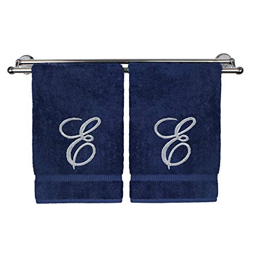 BC BARE COTTON Monogrammed Hand Towel, Navy, 16 x 30 Inches - Set of 2, Extra Absorbent 100% Turkish Cotton, Soft Terry Finish, for Bathroom, Kitchen and Spa - color: Silver on Navy, style: Initial E