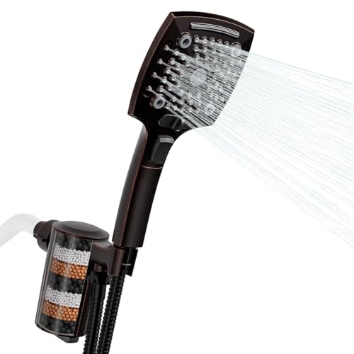 Filtered Shower Head with Handheld, High Pressure 5 Functions Handheld Shower Head with 59" Extra Long Stainless Steel Hose & Adjustable Bracket, Built-in Waterfall - color: Bronze, style: With Filter