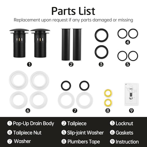 KES Bathroom Sink Drain with Overflow, Stainless Steel, Matte Black 2 Pack | All Metal, Brass & T304 Steel, For Undermount & Vessel Sinks, 2.6 In Stopper, 1.25 In Tailpiece, 3 Anti-Leak Seals - color: Matte Black, style: With Overflow, 2 Pack
