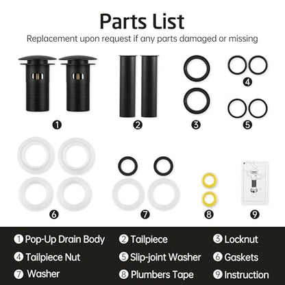 KES Bathroom Sink Drain with Overflow, Stainless Steel, Matte Black 2 Pack | All Metal, Brass & T304 Steel, For Undermount & Vessel Sinks, 2.6 In Stopper, 1.25 In Tailpiece, 3 Anti-Leak Seals - color: Matte Black, style: With Overflow, 2 Pack