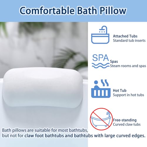 Bath Pillow Bathtub Pillow, Bath Pillows for Tub Head and Neck Support, Waterproof Bath Tub Pillows with Strong Non-Slip Suction Cups, Relaxing Bath Accessories for Soaking, Spa White
