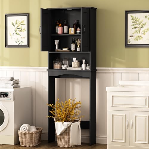 ROOMTEC Over The Toilet Storage Cabinet with Adjustable Shelf and Double Doors, Freestanding Bathroom Cabinet Organizer with Open Shelf, Home Space-Saving Toilet Rack for Restroom, Laundry, Black